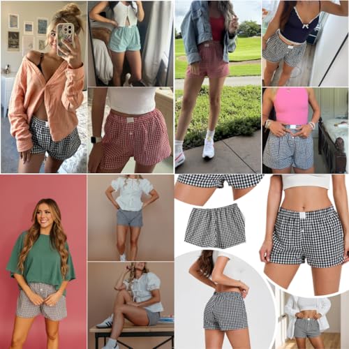Image of Women Pajamas Shorts Y2k Elastic Waist Plaid Boxer Shorts Cute Gingham Sleep Lounge Bottoms