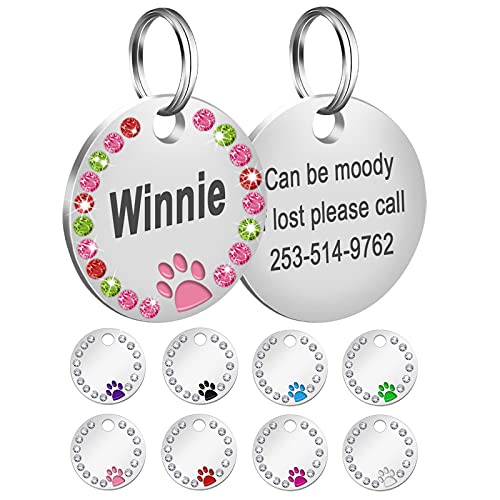DejavYOU Custom Dog Tags, Engraved Dog ID Collar Tags, Personalized Rhinestones Cat Name Tags, Sparkling Paw Double Sided Pet Tags, Collar Accessories for Reflective Gift