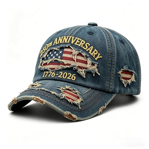USA 250th Anniversary Hat 1776-2026 - Embroidered Distressed Denim Cap - Vintage Ripped Flag Patriotic American Gift