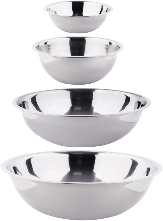 Tezzorio (Set of 4) Stainless Steel Mixing Bowl Set, 5-8-13-16 Quart Polished Mirror Finish Nesting Flat Base Bowls