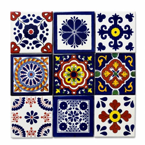 Mexican Talavera Tiles 4x4 Handpainted Sampler Set of 9 Unique Designs Decorative Ceramic Azulejos Mexicanos Handmade in Mexico Ixori