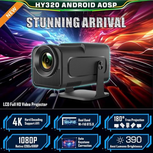 Mini Projetor Portátil HY320 - Wifi 6, Bluetooth 5.0 e Android 11, Projetor com Suporte 4K e 1080P F