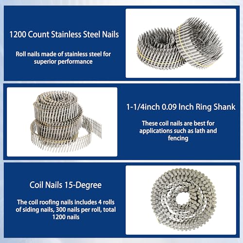 Image of waltyotur 1200 Count Stainless Steel Coil Roofing Ring Shank Siding Nails 15-Degree Collated Wire Coil 1-1 /4 Inch, 0.09 Inch Ring Shank, Small Cap Coil Stud Siding Nails