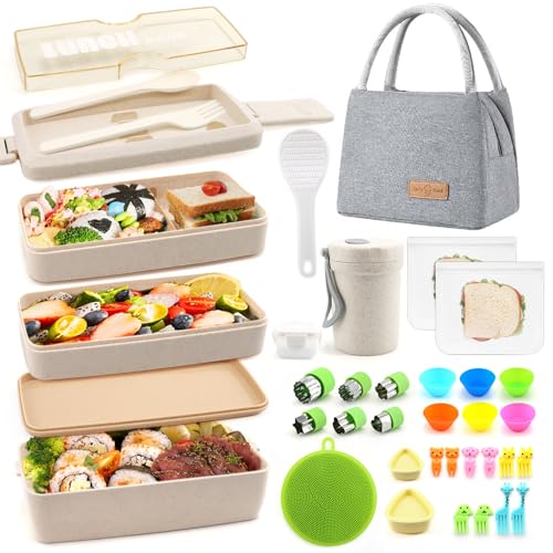 35Pcs Bento Box Japanese Lunch Box Kit Leakproof Bento Lunch Box for Kids Adults Wheat Straw 3 Layer Stackable Lunch Containers with Compartment Eco-Friendly Meal Prep Containers (Beige)