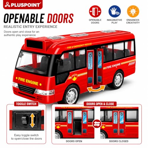 Image of PLUSPOINT Fire Rescue Bus Toy for Kids | Friction Powered Push & Go Vehicle with Lights, Sounds & Opening Doors | Durable Rescue Bus Pretend Play Toy for Boys, Girls & Toddlers