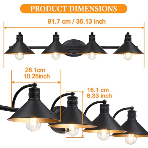 Image of 4 Light Bathroom Vanity Light Over Mirror - Black and Gold Farmhouse Wall Light for Bathroom Vanity Powder Room, Rustic Goose Neck Barn Style 4 Bulb Wall Sconce Over Kitchen Sink