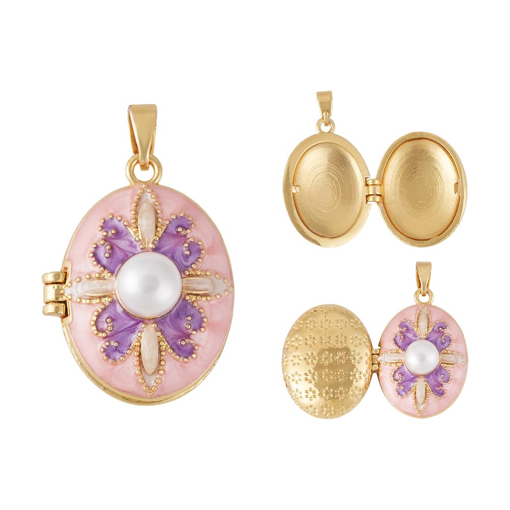 Beadthoven Brass Locket Pendant, Oval Photo Frame, Enamel Charms, Gold Photo Lockets for Pictures, Personalized Picture Pendants, Pearl Bead Necklace for Valentine's Day-image-6