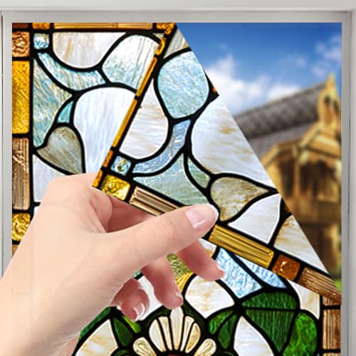 Image of Nuxovilar Stained Glass Floral Window Film, 17.7x39.4inch | Central Sunflower Pattern Static Cling for Home & Decor (Sparkle)
