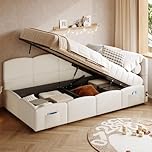 Merax Single Bed frame, 3ft Single Upholstered Ottoman Bed, Corner Bed Frame, Girls Daybed Sofabed, with USB Charging & Side Pocket, Sturdy Wooden Slat Support, Boucle, Beige/90x190 cm (No Mattress)