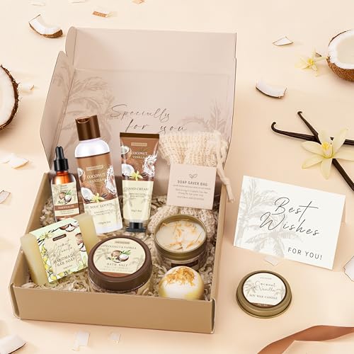 Gifts for Women Happy Birthday Gift Baskets, Bath and Body Gift Set Mothers Day Gifts, Vanilla Coconut Relaxing Home Spa Set Self Care Gift for Mom Sister Her Wife Grandma Girlfriend Friends - Image 4