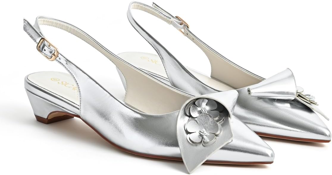 Slingback Heels Pumps for Women Closed Pointed Toe Low Chunky Heels Flowers Block Heel Dress Shoes Comfortable Ankle Strap Heeled Sandals