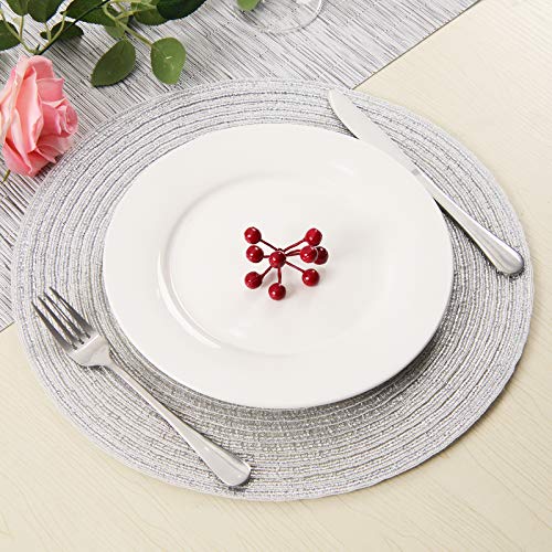 Image of SHACOS Silver Glitter Round Placemats Set of 6 Sparkle Bling Place Mats Glitz Table Mats for Holiday Home Party Wedding Festive Table Decoration (6, Silver)