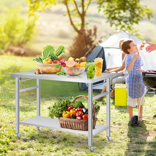 Stainless Steel Folding Table (48x24 in), Commercial Work Table w/Lockable Casters & Undershelf, for Home, Kitchen, Restaurant, Garage, Camping, Outdoor, 920LBS Load, Foldable Double-Tier Workstation