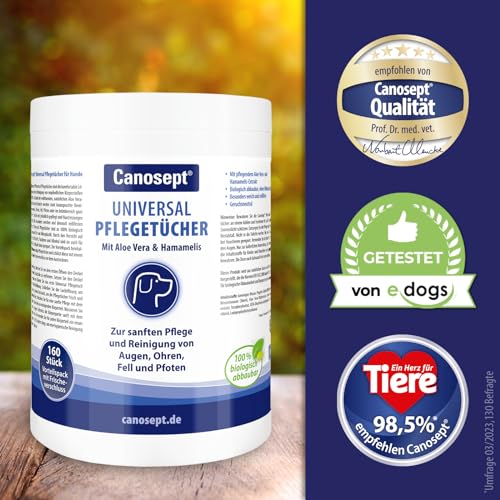 Canosept Universal Pflegetücher für Hunde 160 Stück -Ohrenreiniger Hund, Pfotenpflege Hund, Augenpflege Hund, Fellpflege Hund - Hunde Pflege mit Aloe Vera & Hamamelis - Feuchttücher Hund
