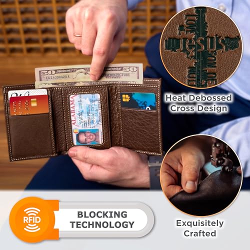 Christian Art Gifts Genuine Leather Wallet for Men RIFD Blocking Multi-purpose Slots Single-section Billfold Card Holders Quality Classic Brown Leather Trifold Wallet for Men - Names of Jesus Cross2