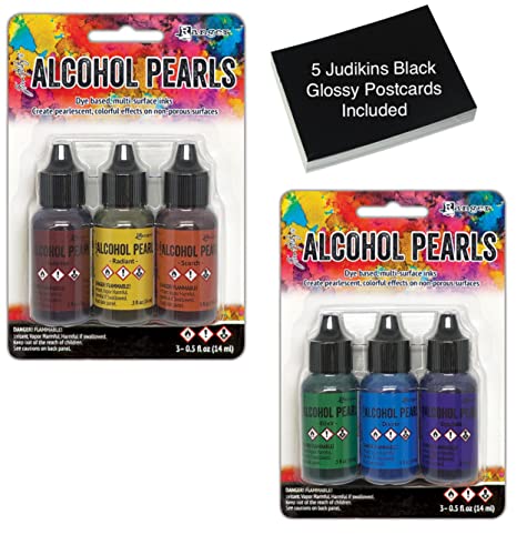 Tim Holtz Ranger Alcohol Ink Pearls Kits 5 and 6, Released 2022, Intense, Radiant, Scorch, Elixir, Divine, Opulent Plus 5 Judi Kins Black Glossy Postcards