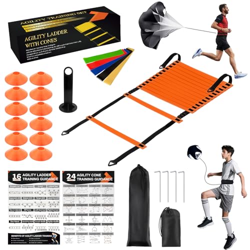 Agility Ladder Soccer Training Equipment Set, 20ft 12 Rung, 12 Soccer Cones, Resistance Parachute, Soccer Kick Trainer, 5 Resistance Bands, Football Training Equipment for Kids Adults
