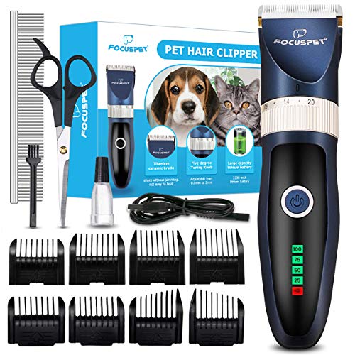 Focuspet Cortapelos para Perro y Gato, Kit de Cortapelos para Mascotas Profesional, Máquina de Cortar Pelo Inalambrica con 8 Peines y 5 Longitud Ajustable para Pelo Rizado y Largo de los Animales