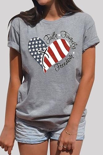 Uniqueone Women American Flag Print Tee Faith Family Freedom Short Sleeve Blouse T-Shirt Tops Size L Gray #TOP2