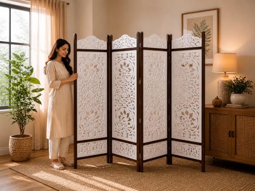 Image of Wooden Room Divider Decorative Foldable Privacy Screen Hand Carved Partition for Living Room Bedroom Office Decor (6 Feet 4 Panel Pearl White Each Panel Size 72X20 Inch)