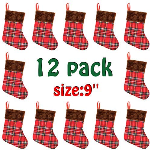 Libay 12 Pack 9" Mini Christmas Stockings Set, Small Rustic Felt Red Plaid Xmas Stockings Gift Card Bags Holders, Christmas Tree Decorations Xmas Party Ornament