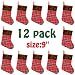 Libay 12 Pack 9" Mini Christmas Stockings Set, Small Rustic Felt Red Plaid Xmas Stockings Gift Card Bags Holders, Christmas Tree Decorations Xmas Party Ornament