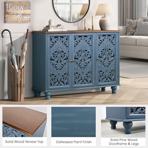 Image of JOINICE 42.5 inch Accent Storage Cabinet with 3 Carved Doors,Blue & Walnut | Versatile Storage for Living Room & Dining Room & Bedroom & TV Stand, Solid Wood Legs, Farmhouse /Rustic Style, Easy Assembly