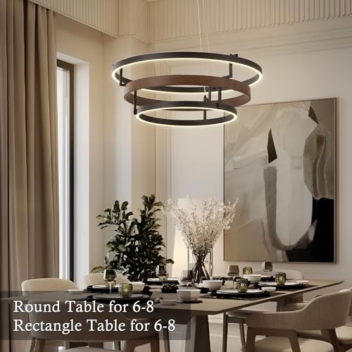 Image of KARTOOSH Modern LED Chandelier with Remote, Dimmable Ring Pendant Light Walnut Wood Black Circular Chandeliers for Dining Room Living Room Entryway Bedroom Office