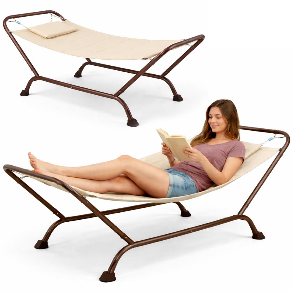 BAKAJI Amaca con Supporto in Metallo e 1 Cuscino Imbottito per Esterno, Telaio Resistente e Struttura Solida, Seduta Ergonomica, Ideale per Giardino, Patio, Terrazzo 230 x 98 x 82 cm (Beige)