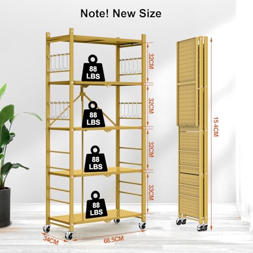 Image of Himix 5-Tier Foldable Storage Shelves with 20 Hooks Wheels Bookshelf Gold