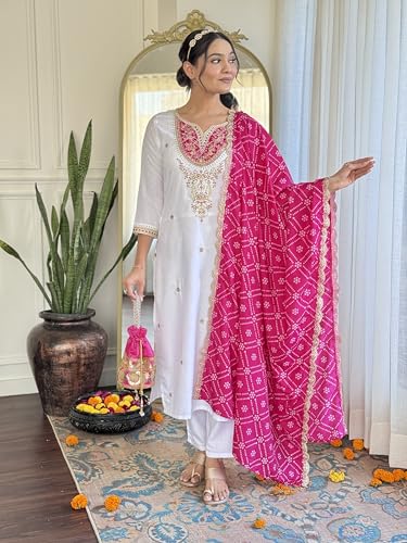 Image of Naixa Women's Viscose Embroidered Straight Kurta with Viscose Pant and Silk Blend Embroidered Laced Dupatta Sets (Available in Plus Size)