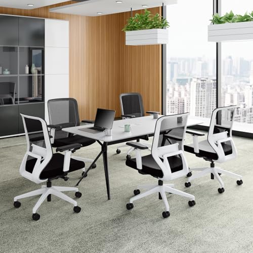 Image of Interio by Godrej Greta 2.0 Mid Back Fabric Ergonomic Chair (Black Ink with White Body, Set of 5) 1-Year Warranty, Adjustable Armrest