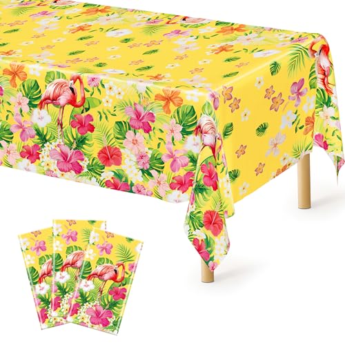 Image of QZYL 3 PCS Hawaiian Table Cloths, 54 x 108 Inches Luau Tablecloths, Disposable Aloha Party Decorations with Summer Flamingo Palm Leaves, Plastic Luau Party Supplies Tropical Decorations for Tiki Bar