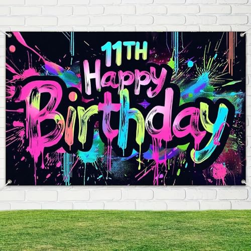 Image of HOMETITUTE Graffiti 11th Happy Birthday Banner 71x43 Inch Neon Party | Glow in The Dark Party Backdrop Colorful Wall Decor for Birthday Celebrations Photo Booth Props Event