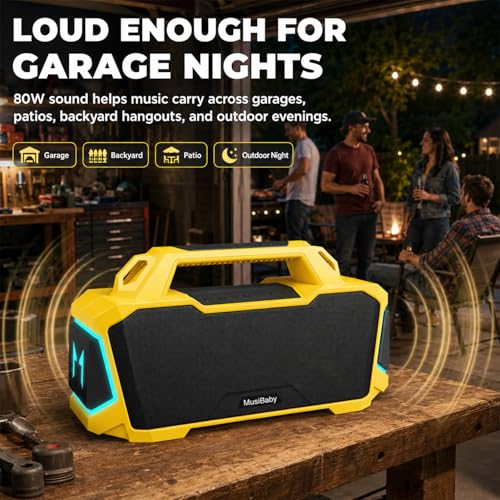 Musibaby 80W Portable Bluetooth Speaker, Loud Bass, IPX6 Waterproof, Yellow — view 2