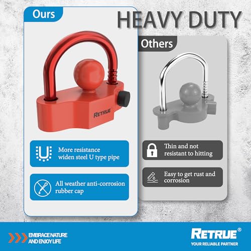 Image of RETRUE Universal Coupler Lock Trailer Locks Ball Hitch Trailer Hitch Lock Adjustable Security Heavy-Duty Steel Fits 1-7 /8 Inch, 2 Inch, 2-5 /16 Inch Couplers Red & Red