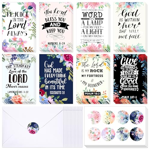 Cartes de vœux chrétiennes et enveloppes avec versets de la Bible et fleurs, lot de 24