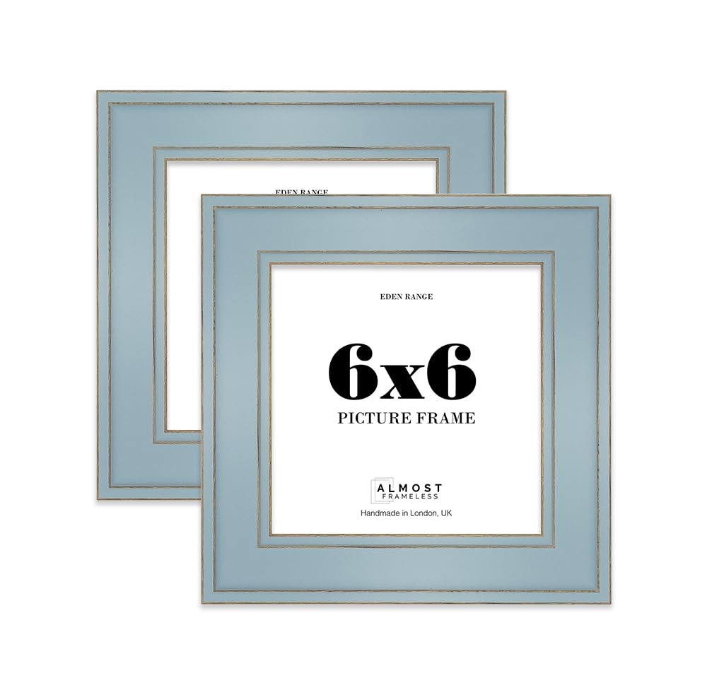 6x6 Cornflower Blue Picture Frame - Shabby Chic Photo Frame with Distressed Finish, Gold Trim, Wall Hooks and Kickstand, 37mm Edge - 2 Pack