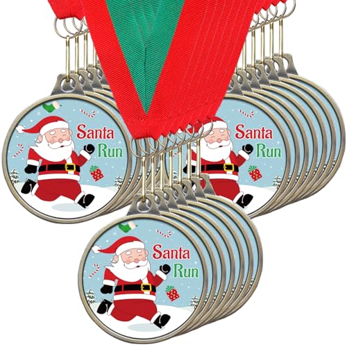 Cholemy 20 Pcs Christmas Santa Run Medals Award 2" Christmas Run Trophy Award Medals Includes Neck Ribbon for Xmas Party Ornament Favor Gift Prize
