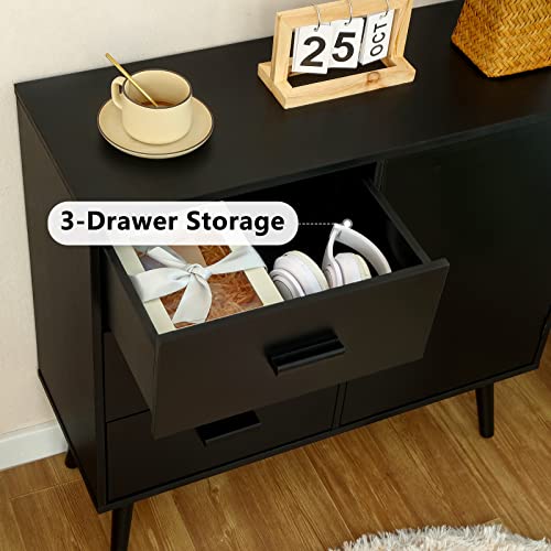 Iwell Storage Cabinet, Bathroom Floor Cabinet With Door & 3 Drawers, Mid Century Cabinet With Adjustable Shelf For Living Room, Bedroom, Entryway, Hallway, Black #TOP5