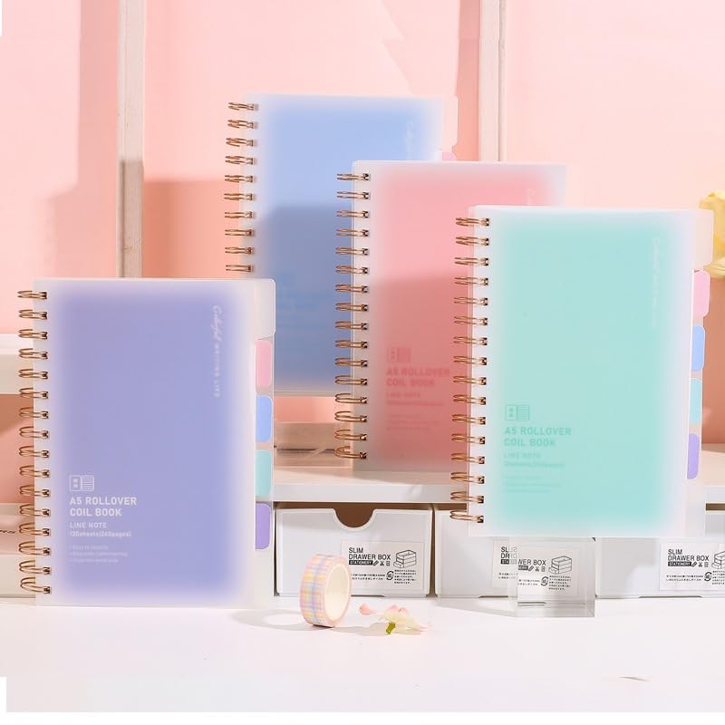 Image of Aesthetic Spiral Notebook Set, A5 Size Journal Diary with Sticky Notes, 100 Sheets, Ruled Notebooks for Boys & Girls, Cute Kawaii Stationery (Multicolor) (Pack-1) (A)