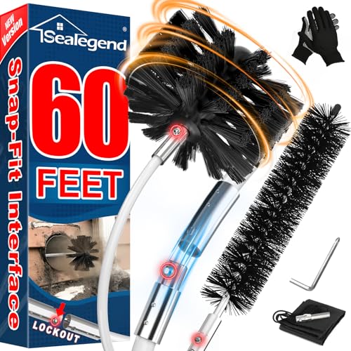 Sealegend 60 Feet Dryer Vent Cleaner Kit/Lint Remover/2×Upgraded Flexible Quick-Snap Brush/Fireplace Chimney Brushes for Easy to Use/Works Well with/Without a Power Drill