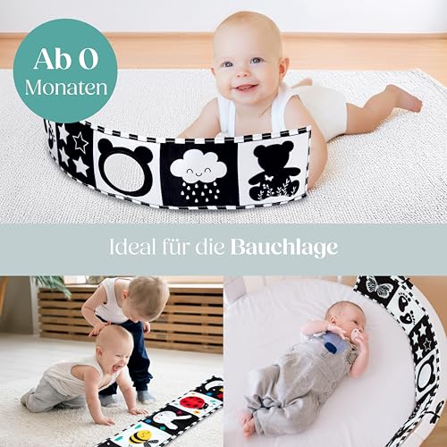 WELLODE Kontrastbuch Baby Mit Teddy Spiegel - Schwarz Weiß Doppelseitig Baby Stoffbuch - Kontrast Spielzeug Baby 0 3 6 12 Monate - Ideal für die Visuelle Entwicklung und die Bauchlage