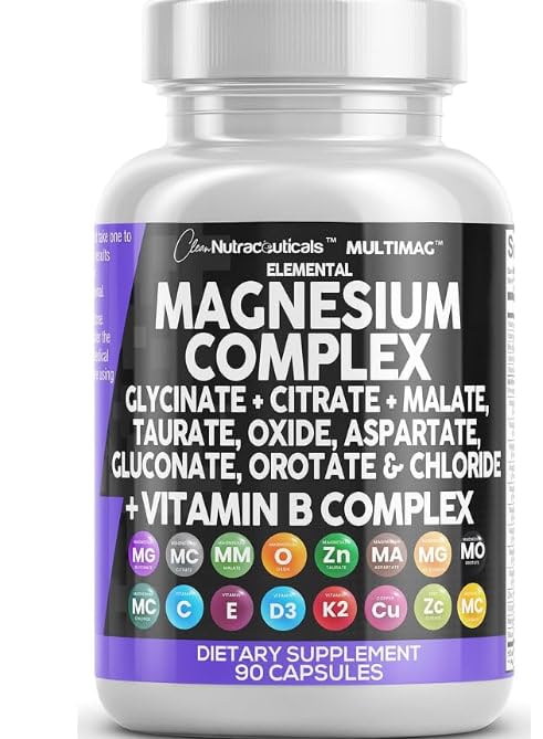 Clean Nutraceuticals Magnesium Complex with Magnesium Glycinate Citrate Malate Oxide Taurate Aspartate Orotate & Mag Chloride, Zinc Copper Manganese & Vitamin C B1 B2 B6 B12 Complex - 1Pack