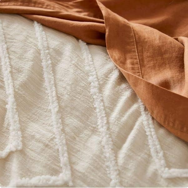 Miniatura 4 de Juego de funda de edredón de 3 piezas 100 % algodón con textura copetuda a mano para todas las estaciones, con lazos en las esquinas y cierres de