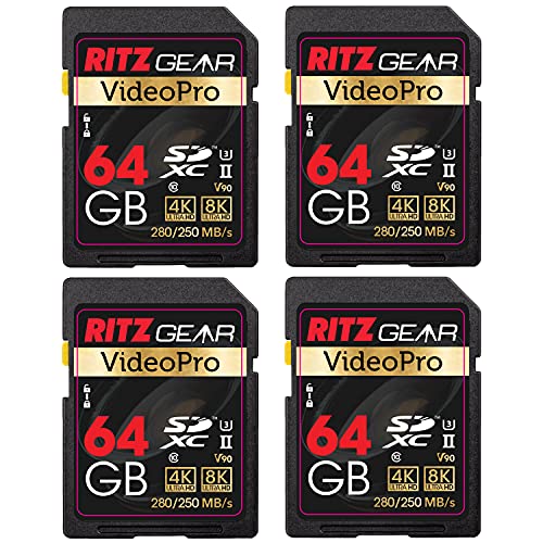 Video Pro SD Card UHS-II 64GB SDXC Memory Card 4-Pack U3 V90 A1, Extreme Performance Professional Sd-Card (R 280mb/s 250mb/s W) for Advanced DSLR,Well-Suited for Video, Including 4K,8K, 3D, Full HD -  Ritz Gear