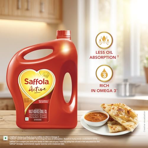 Image of Saffola Active Refined Cooking oil | Rich in Omega 3 & Oryzanol | Multi-Source Edible Rice Bran & Soyabean oil | 4.6L / 4.25kg jar (Weight May Vary) (Pack of 3)