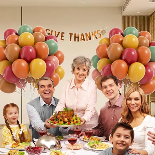 Image of 60pcs Fall Balloons, Thanksgiving Balloons 12inch with Burgundy Brown Sage Green Burnt Orange Mustard Yellow Dusty Pink Balloon for Fall Birthday Party Decorations
