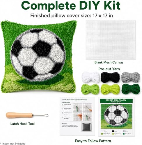 Image of clubevy DIY Latch Hook Kits Pillow Case Embroidery Carpet Set Needlework Pillow Cover Sofa Cushion Cover Craft Kits 17x17 inch (4158football)