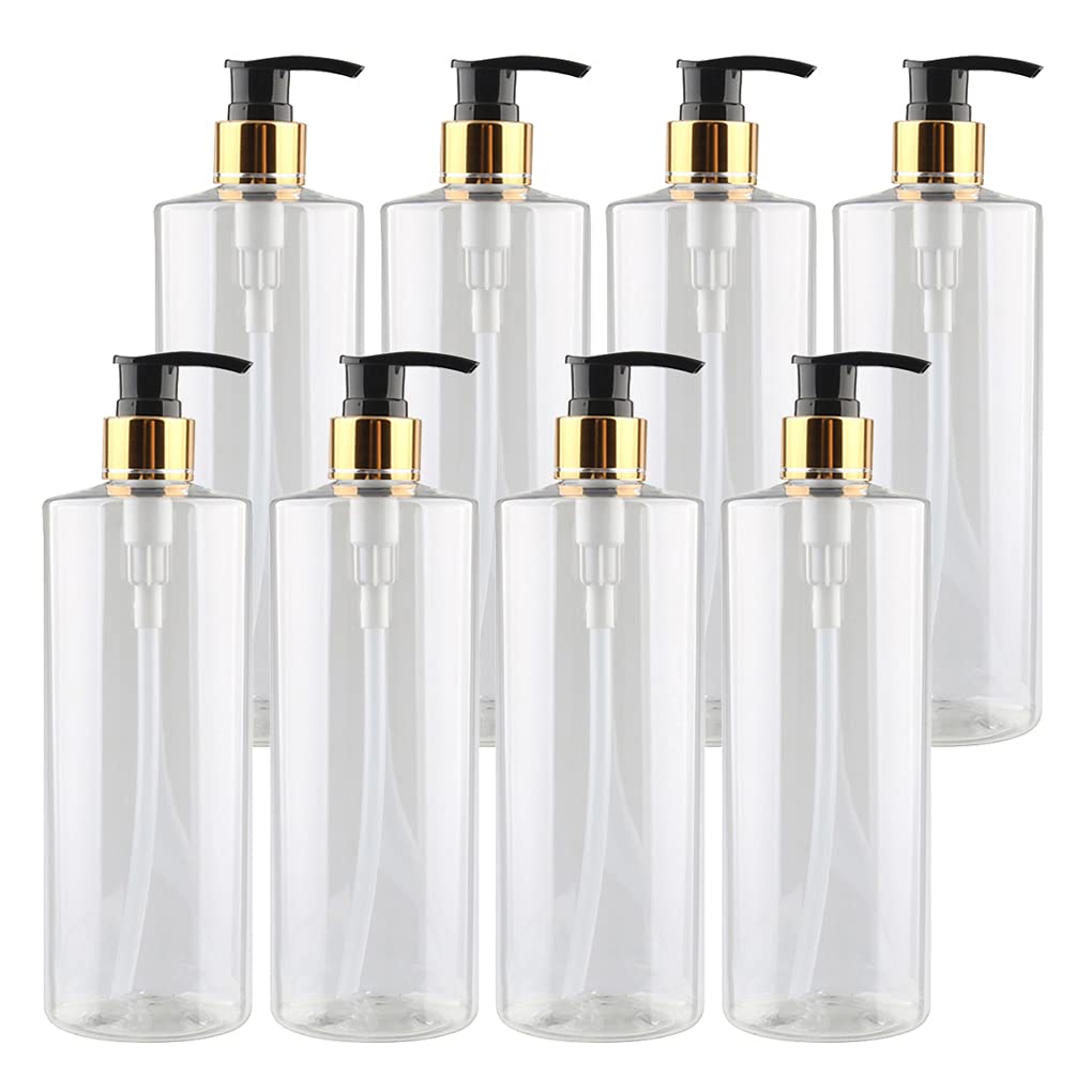 Confezione da 8, flaconi Vuoti da 500 ml con Pompa erogatrice, flaconi in plastica Pet Bianca, flaconi per lozione Oro/Nero, flaconi Bili per Shampoo e Olio per Il Corpo (Trasparenti)